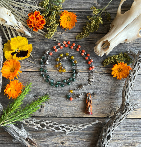 Santa Muerte Abre Camino Rosary + Orange Agate + Blessed + Sterling Silver Plated Chain + Rosario + Gemstone
