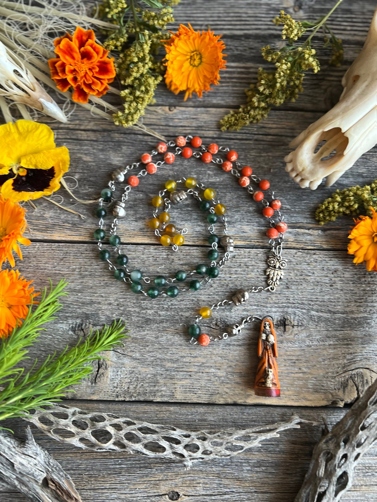 Santa Muerte Abre Camino Rosary + Orange Agate + Blessed + Sterling Silver Plated Chain + Rosario + Gemstone