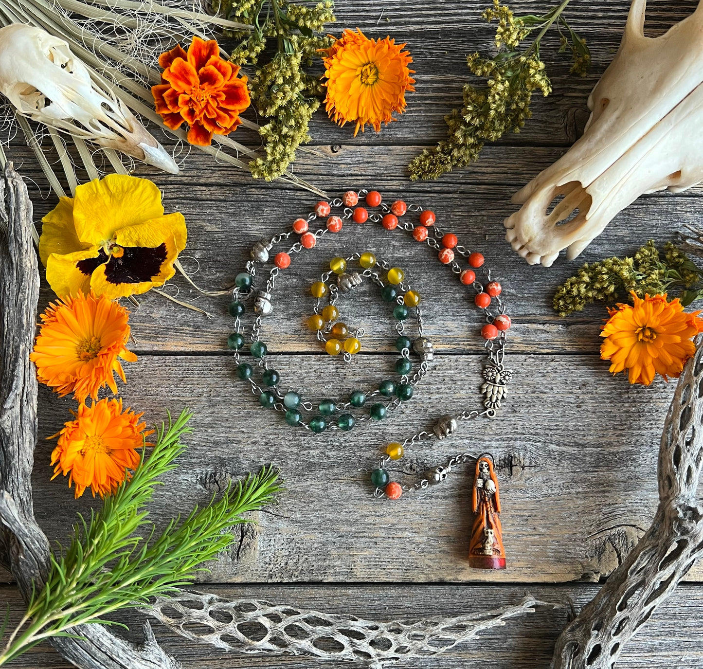 Santa Muerte Abre Camino Rosary + Orange Agate + Blessed + Sterling Silver Plated Chain + Rosario + Gemstone