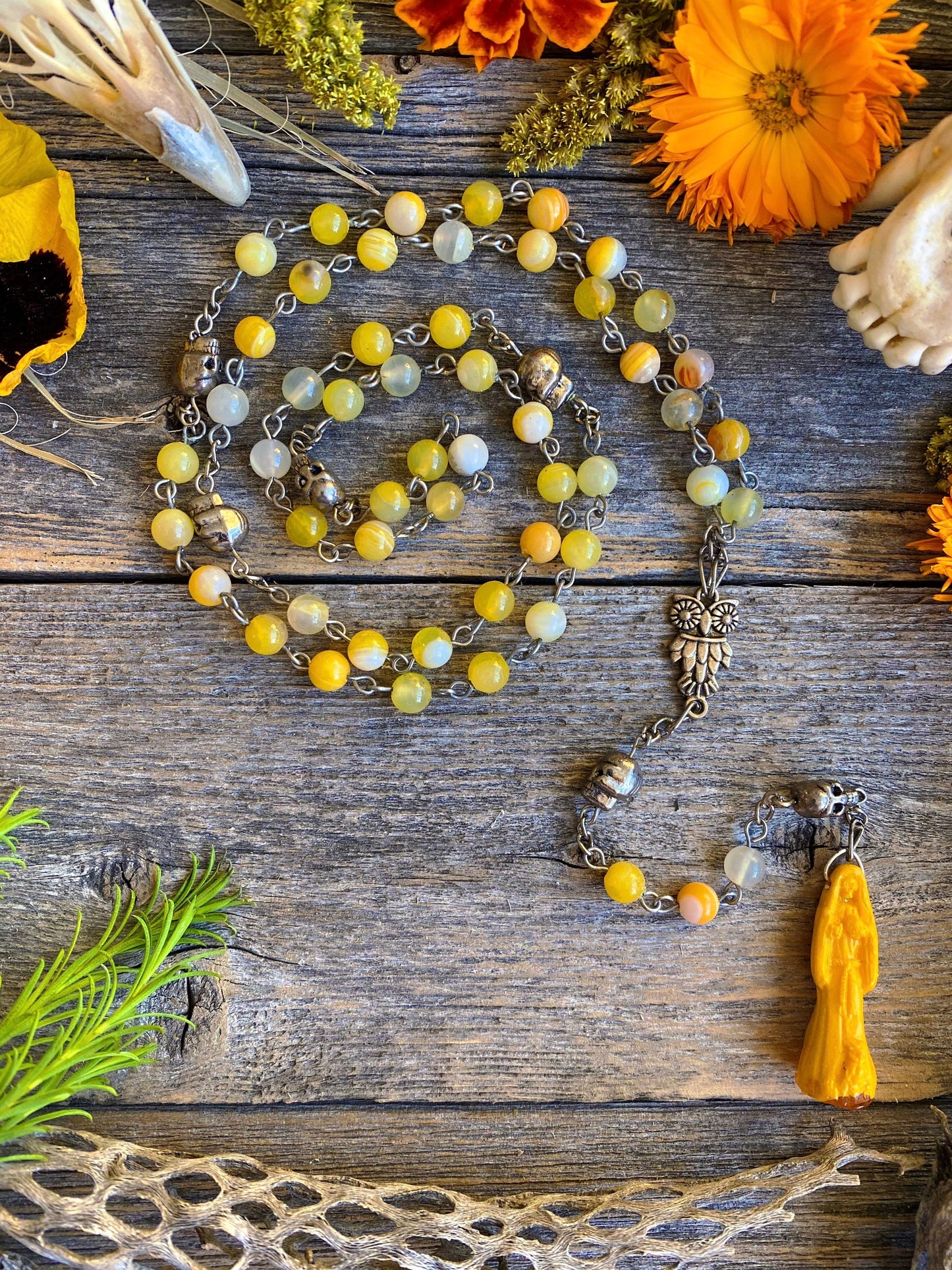 Santa Muerte Amarilla Rosary + Yellow Agate + Blessed + Handcrafted + Gemstone + Sterling Silver Plated Chain + Rosario