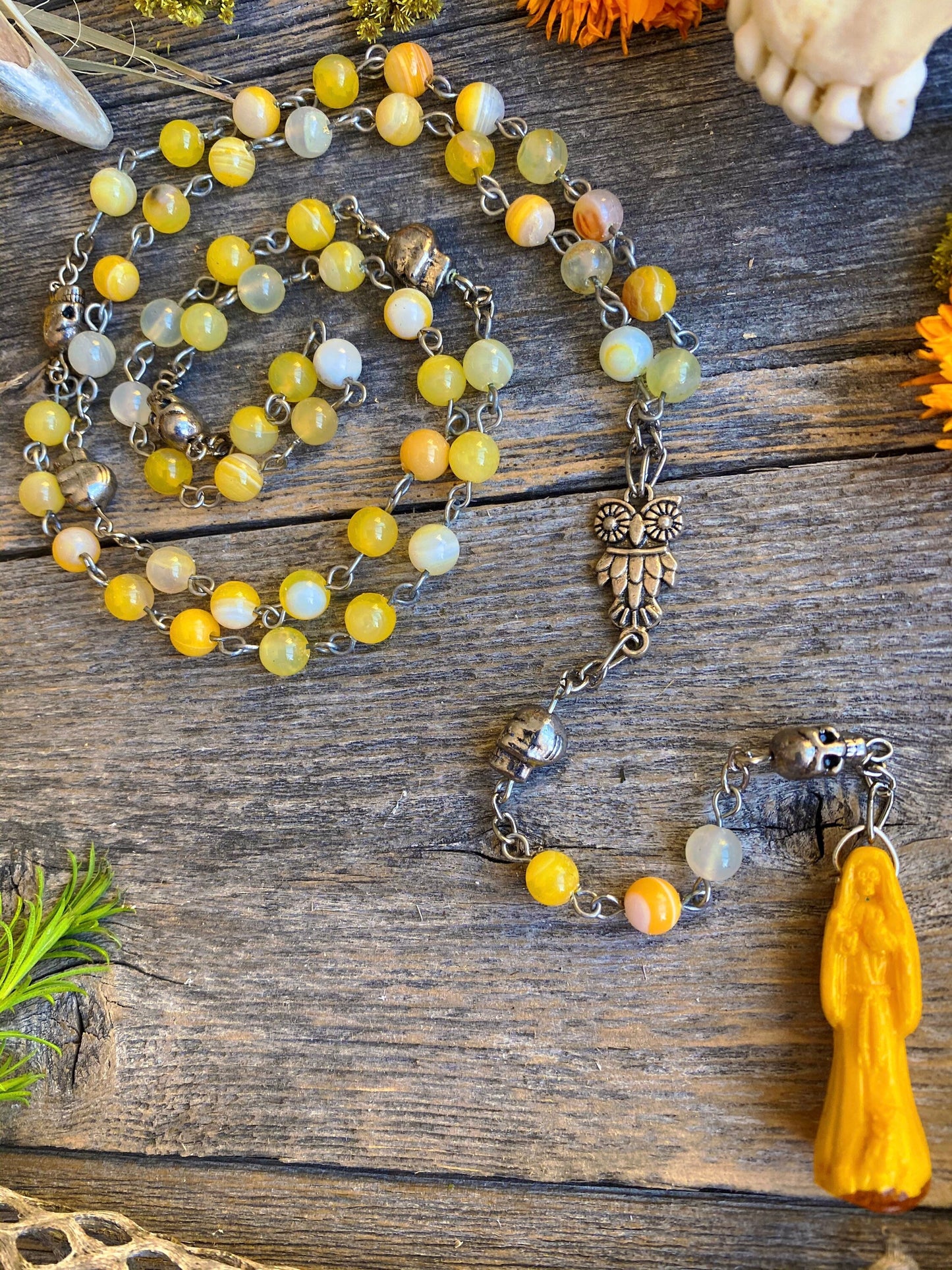 Santa Muerte Amarilla Rosary + Yellow Agate + Blessed + Handcrafted + Gemstone + Sterling Silver Plated Chain + Rosario