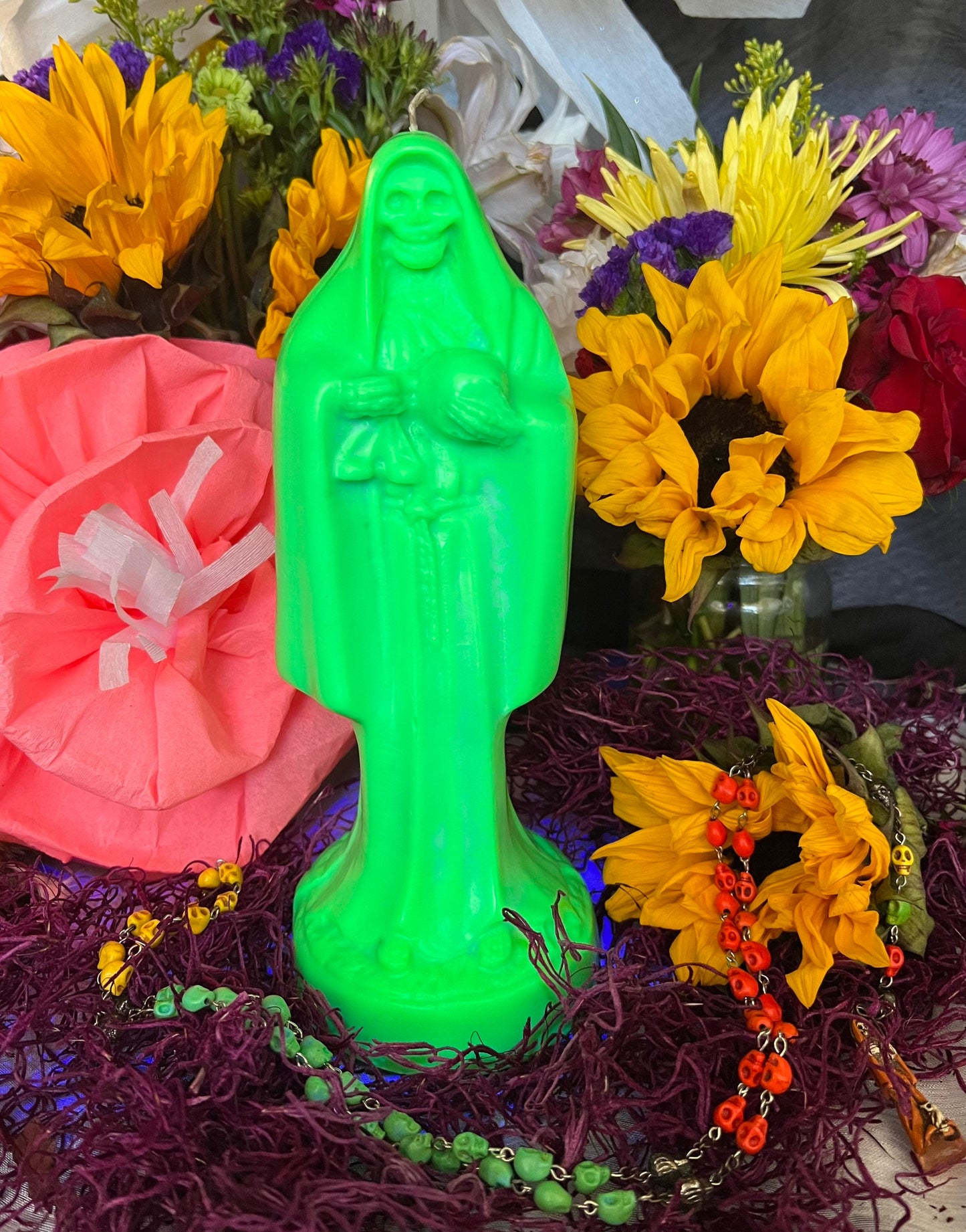 Neon Santa Muerte Figure Candle + Blessed + Glows under Blacklight
