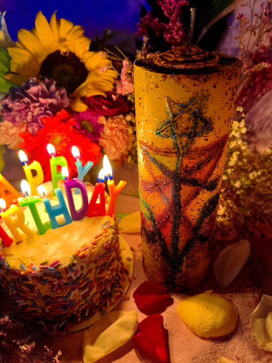 Birthday Blessings Hand Carved Candle + Luck + Abundance + Money + Joy + Love + Passion + Health + Peace