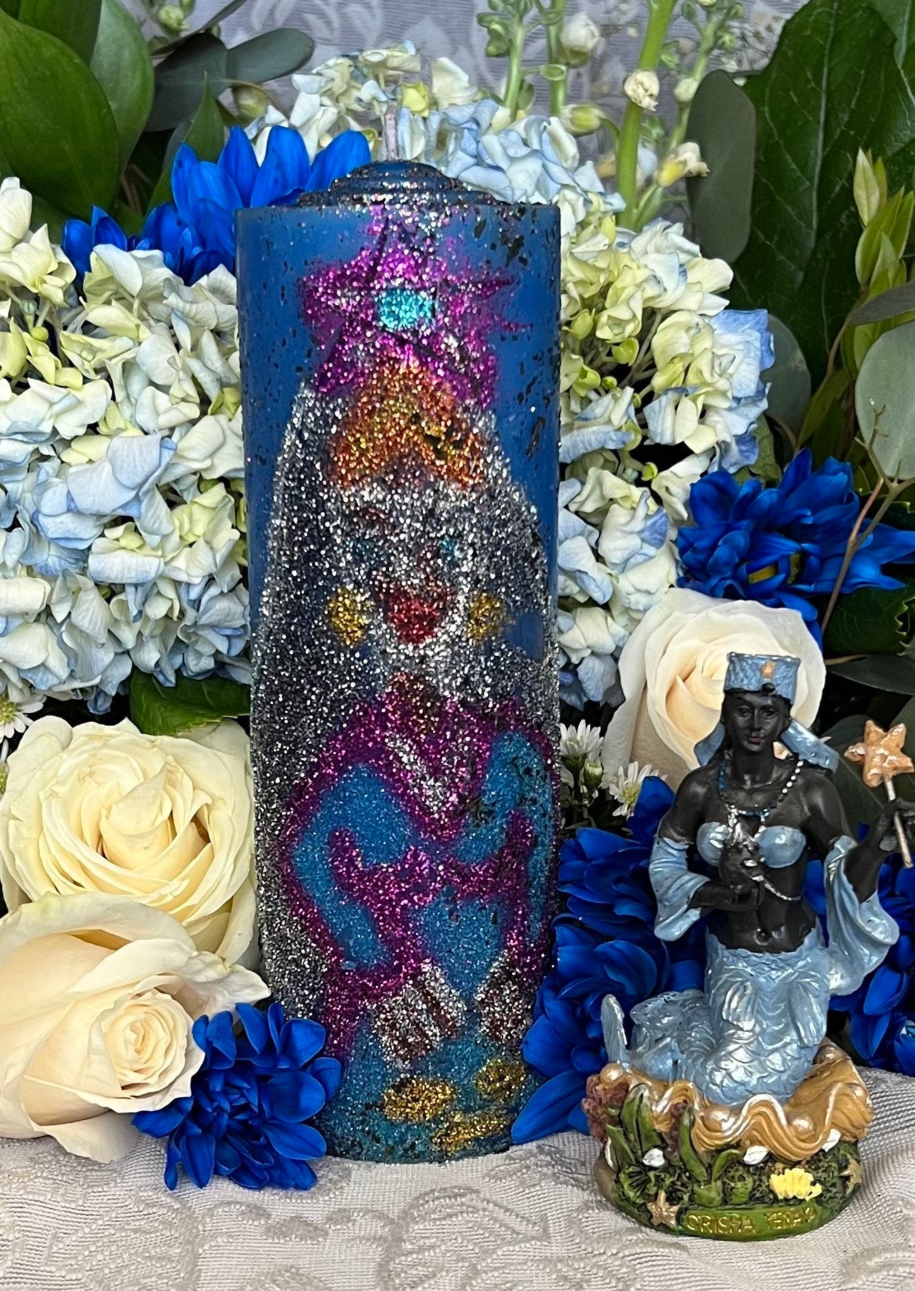 Yemaya Hand Carved Candle + Family Protection + Orisha + Santeria + Ifa + Yoruba + Lukumi + Santerismo