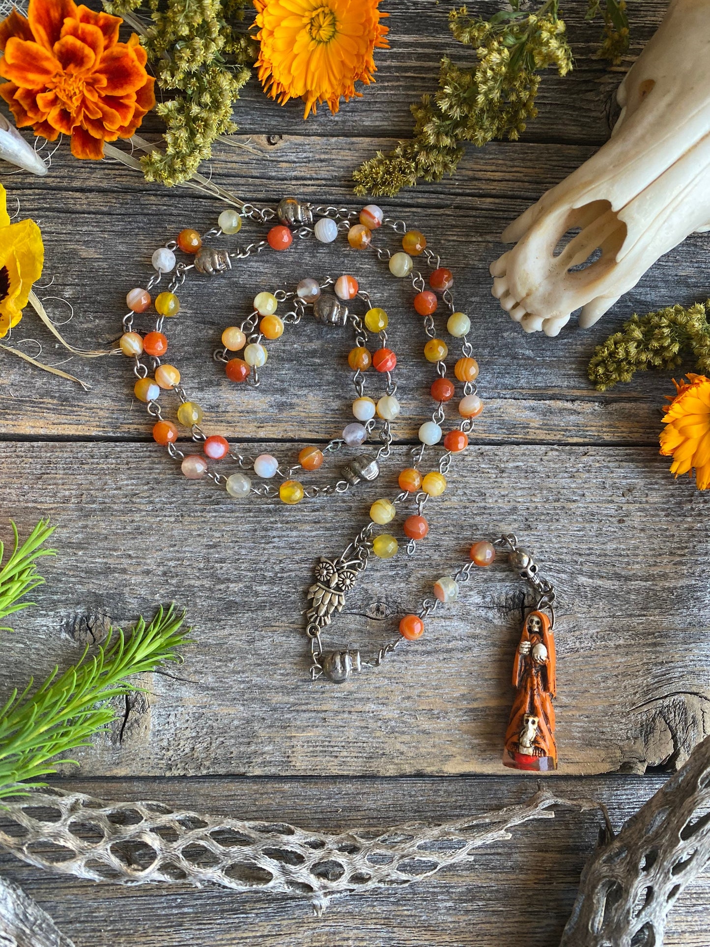 Santa Muerte Naranja Rosary + Orange Agate + Blessed + Sterling Silver Plated Chain + Rosario + Gemstone