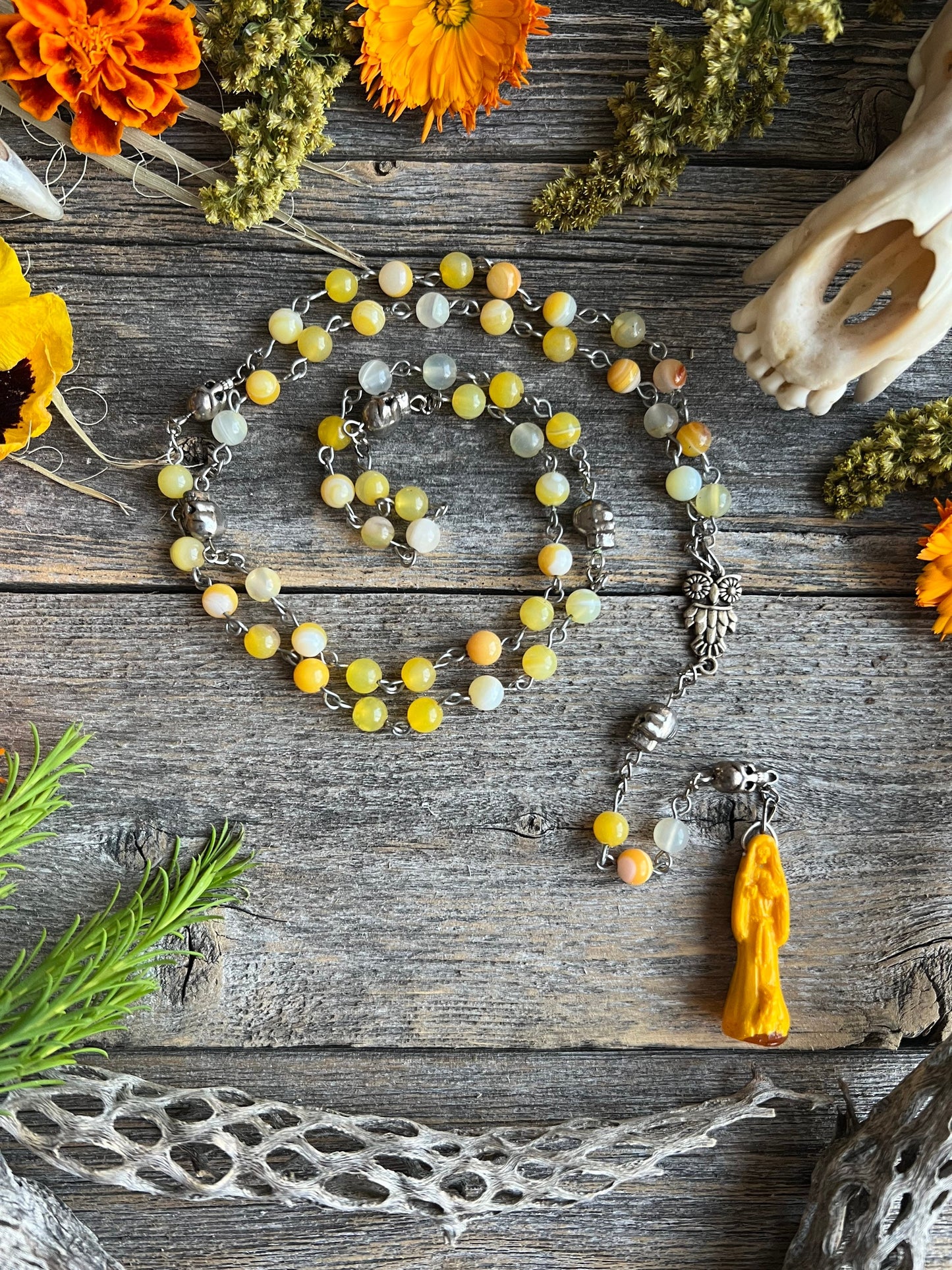 Santa Muerte Amarilla Rosary + Yellow Agate + Blessed + Handcrafted + Gemstone + Sterling Silver Plated Chain + Rosario