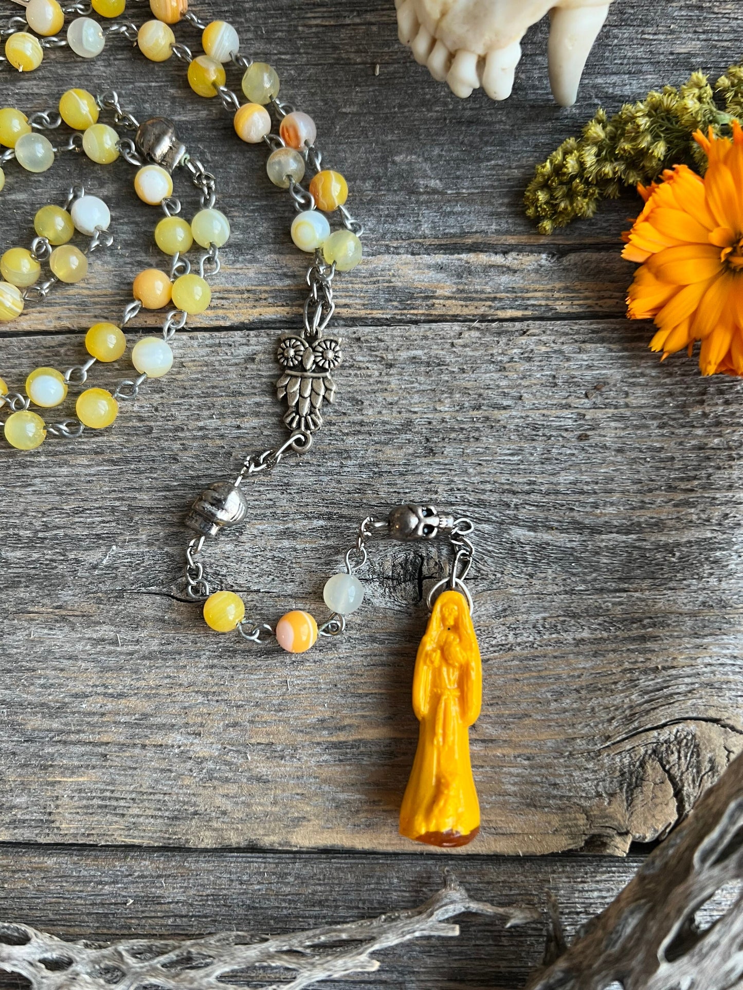Santa Muerte Amarilla Rosary + Yellow Agate + Blessed + Handcrafted + Gemstone + Sterling Silver Plated Chain + Rosario
