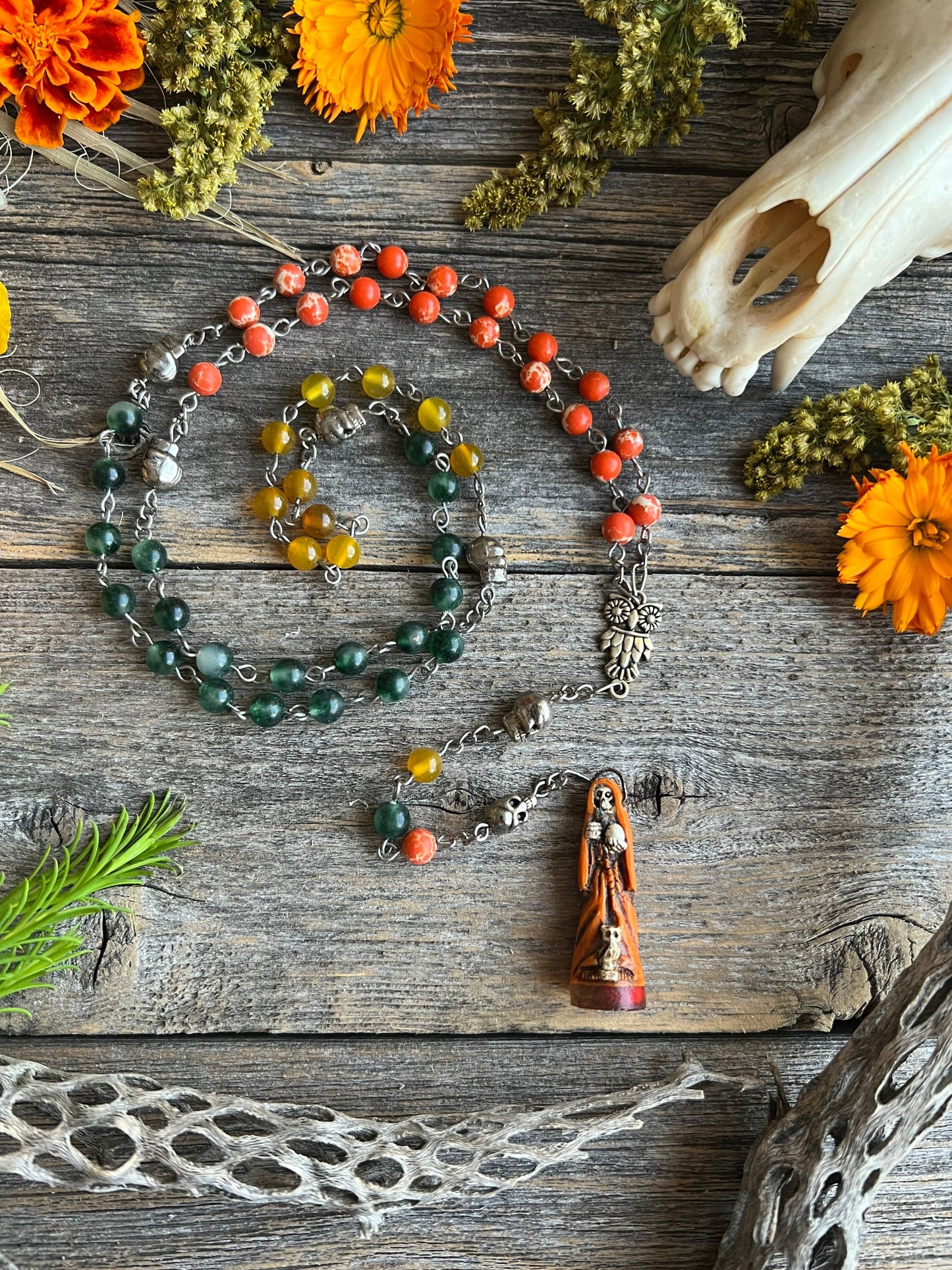 Santa Muerte Abre Camino Rosary + Orange Agate + Blessed + Sterling Silver Plated Chain + Rosario + Gemstone
