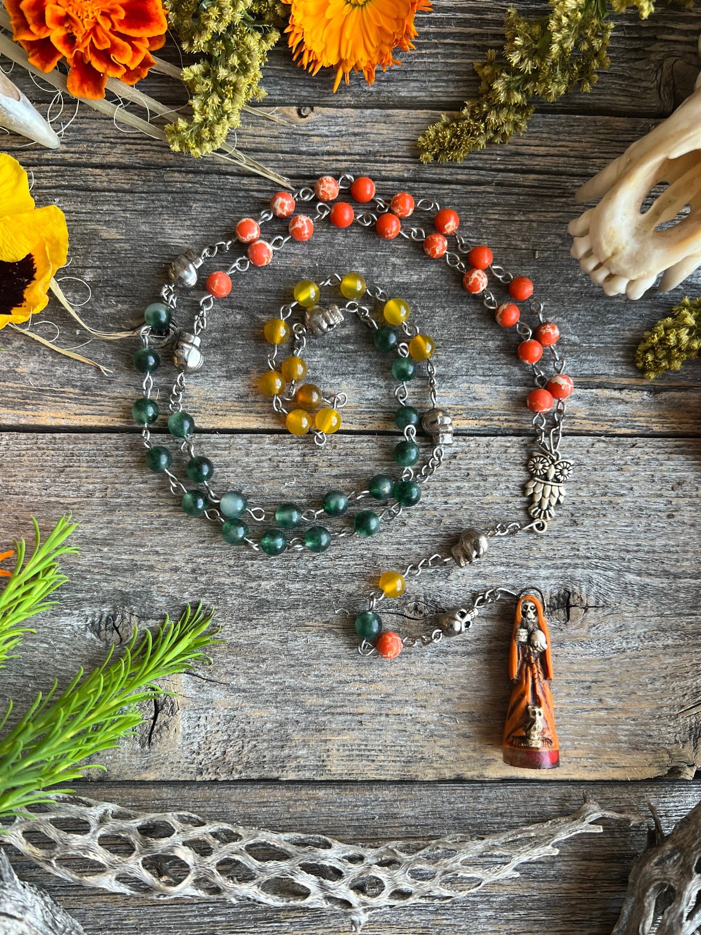 Santa Muerte Abre Camino Rosary + Orange Agate + Blessed + Sterling Silver Plated Chain + Rosario + Gemstone
