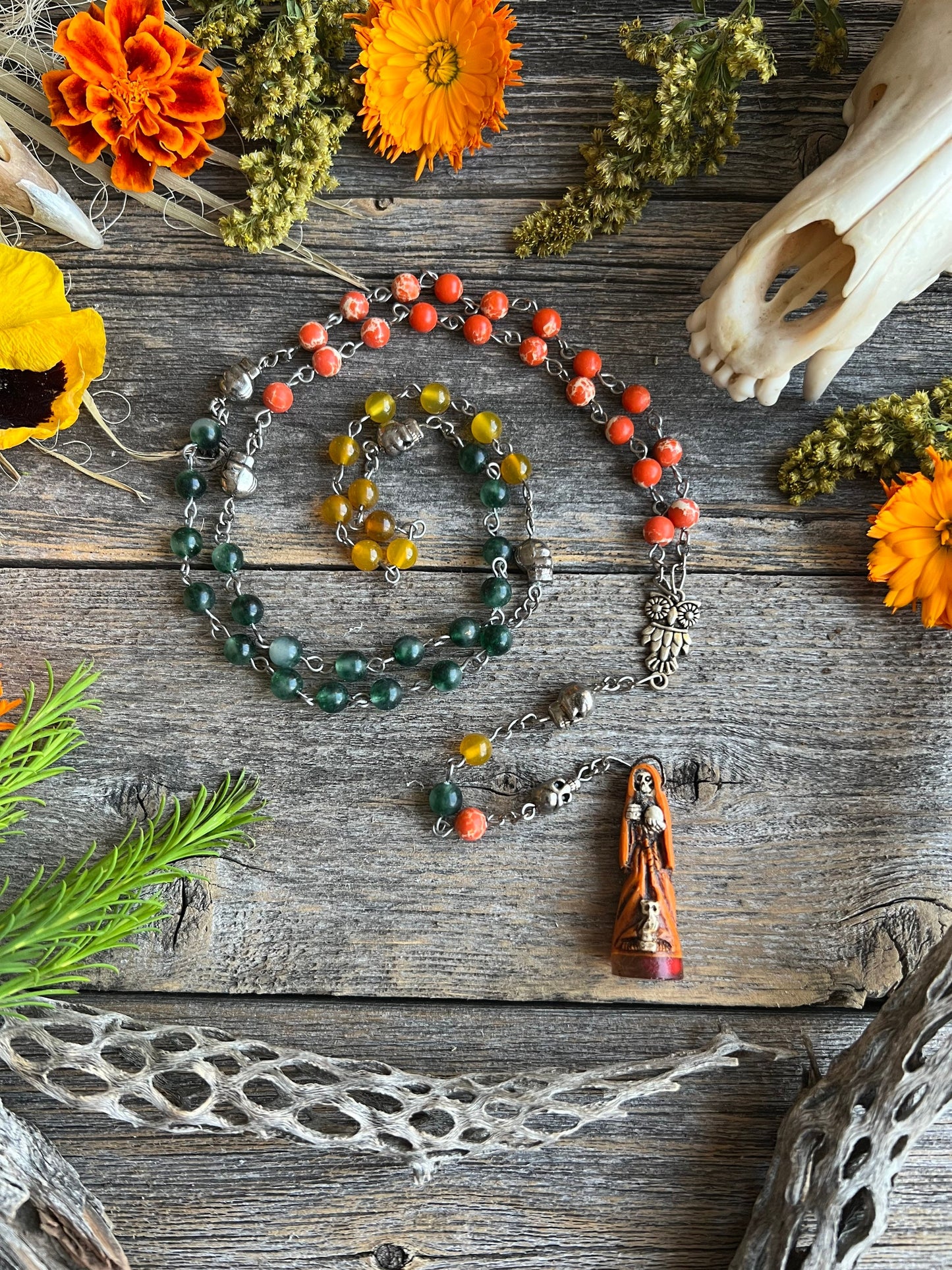 Santa Muerte Abre Camino Rosary + Orange Agate + Blessed + Sterling Silver Plated Chain + Rosario + Gemstone