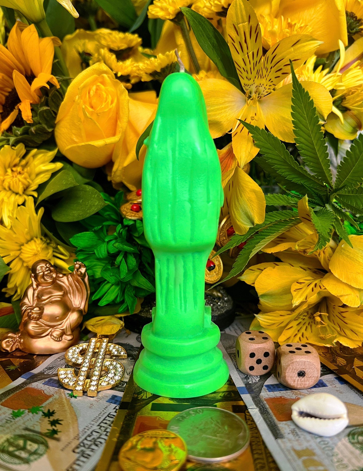 Neon Santa Muerte Verde Figure Candle + Green + Money + Justice