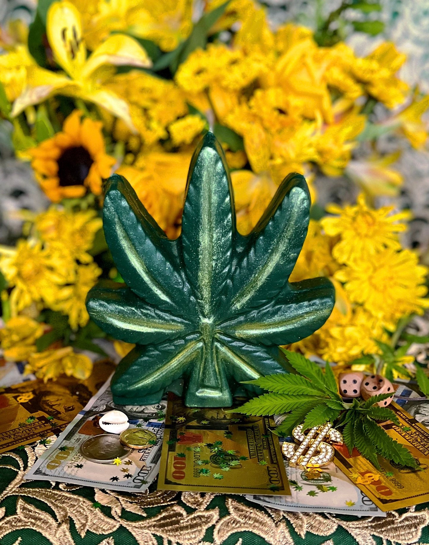 Large Marijuana Leaf Figure Candle + Santa Muerte Offering