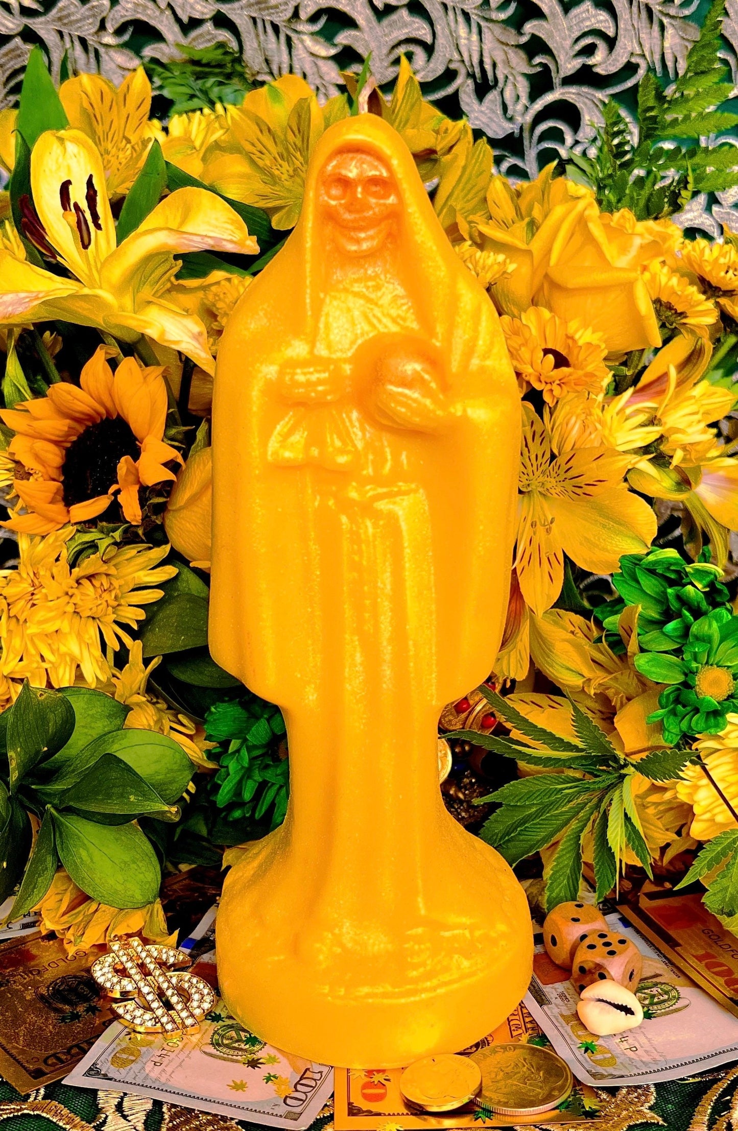Santa Muerte Amarilla Figure Candle + Yellow + Abundance + Health + 24K Gold