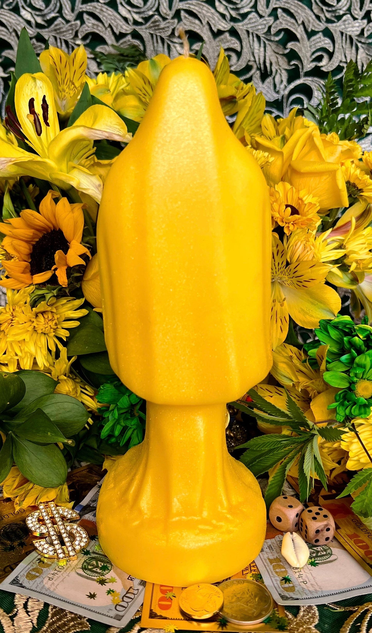 Santa Muerte Amarilla Figure Candle + Yellow + Abundance + Health + 24K Gold