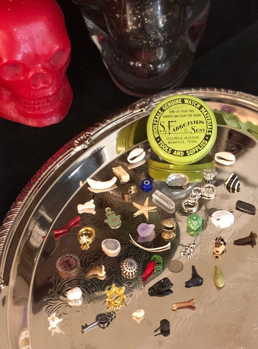 Large Vintage Fargostein Travel Size Tinned Bone, Shell, and Trinket Divination Collection (40 Pieces)