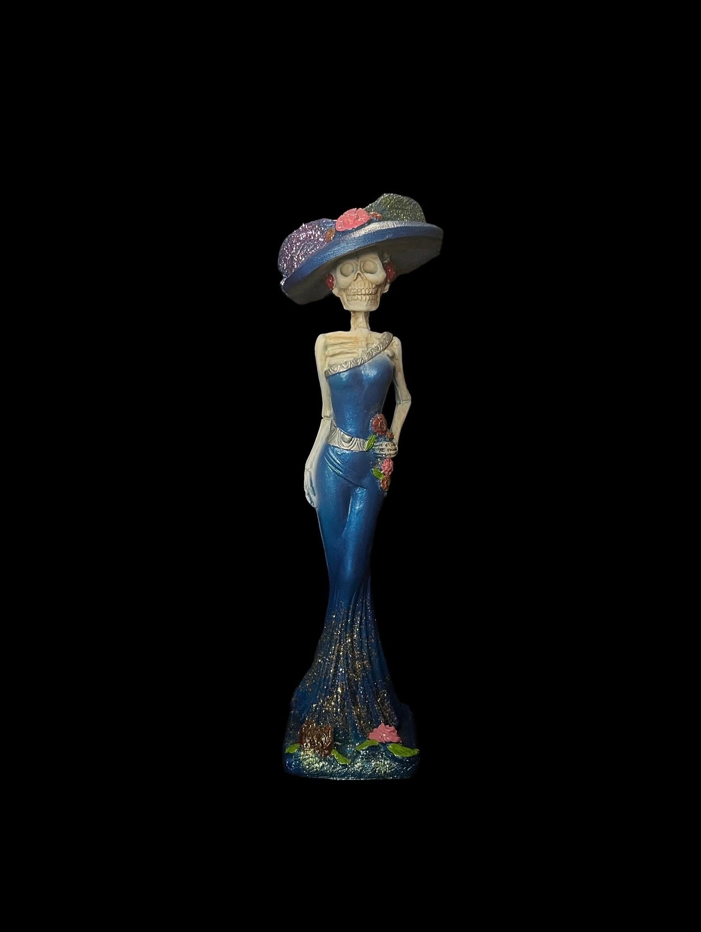 Vintage La Catrina / Santa Muerte Azul Statue + 14” + 24K Gold