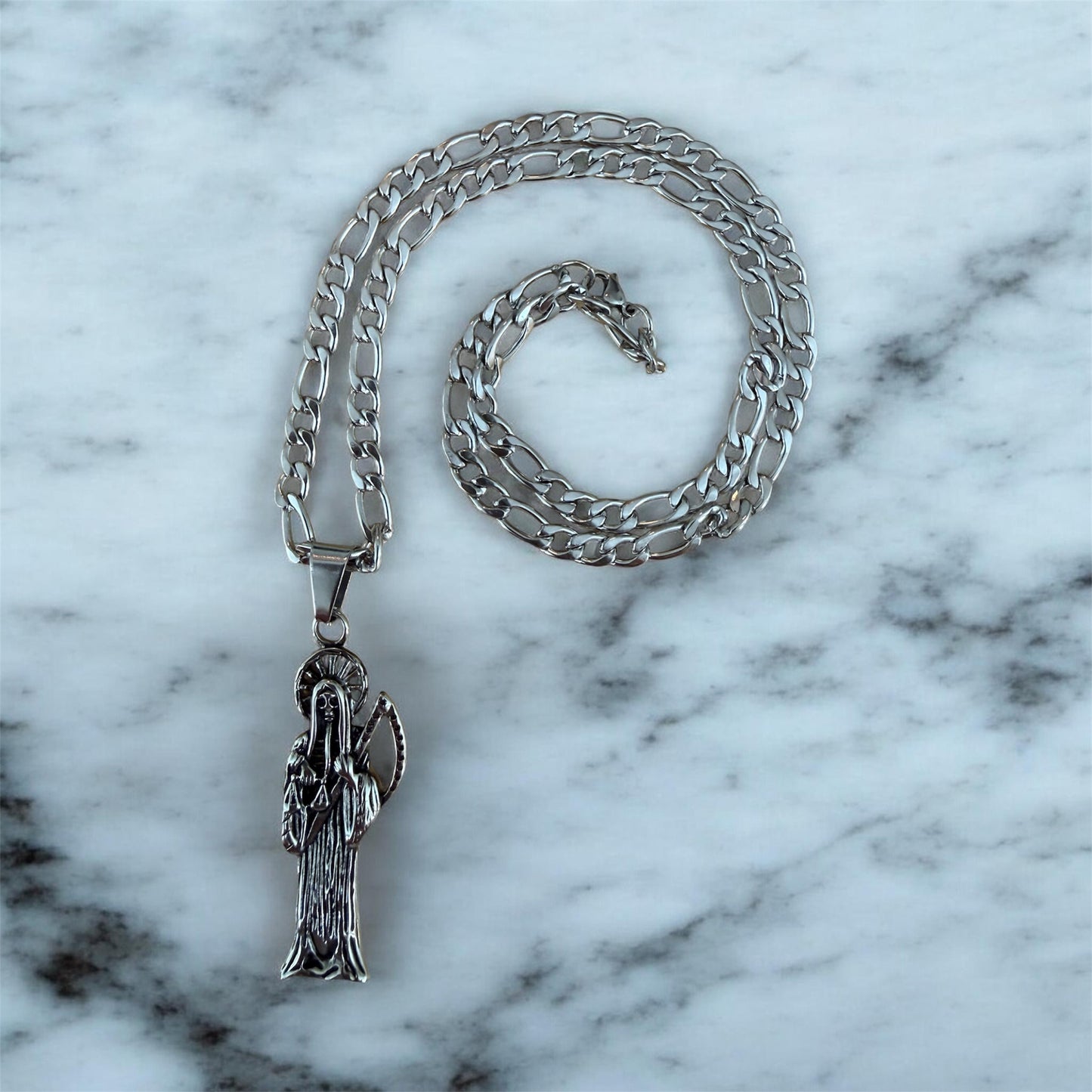 Santa Muerte Necklace + Protection + Money + Blessed + Love + Made in Mexico + Stainless Steel