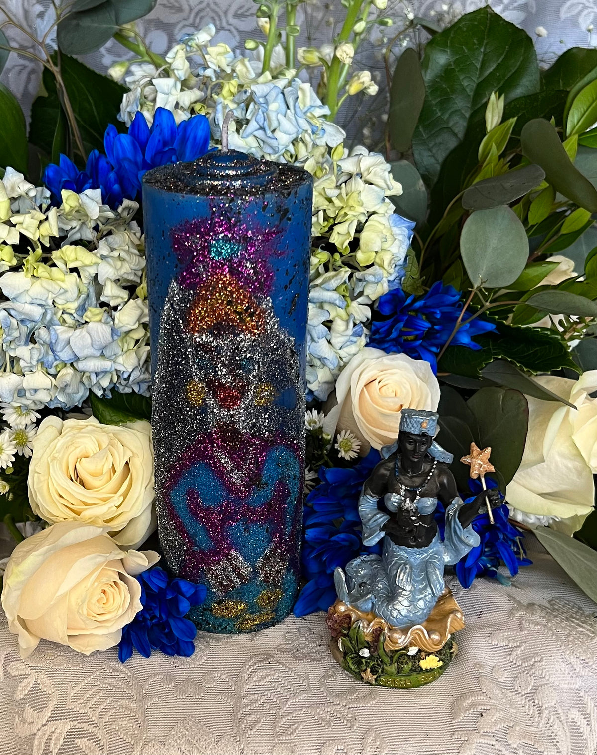 Yemaya Hand-Carved Candle + Family Protection + Orisha + Santeria + Ifa + Yoruba + Lukumi + Santerismo