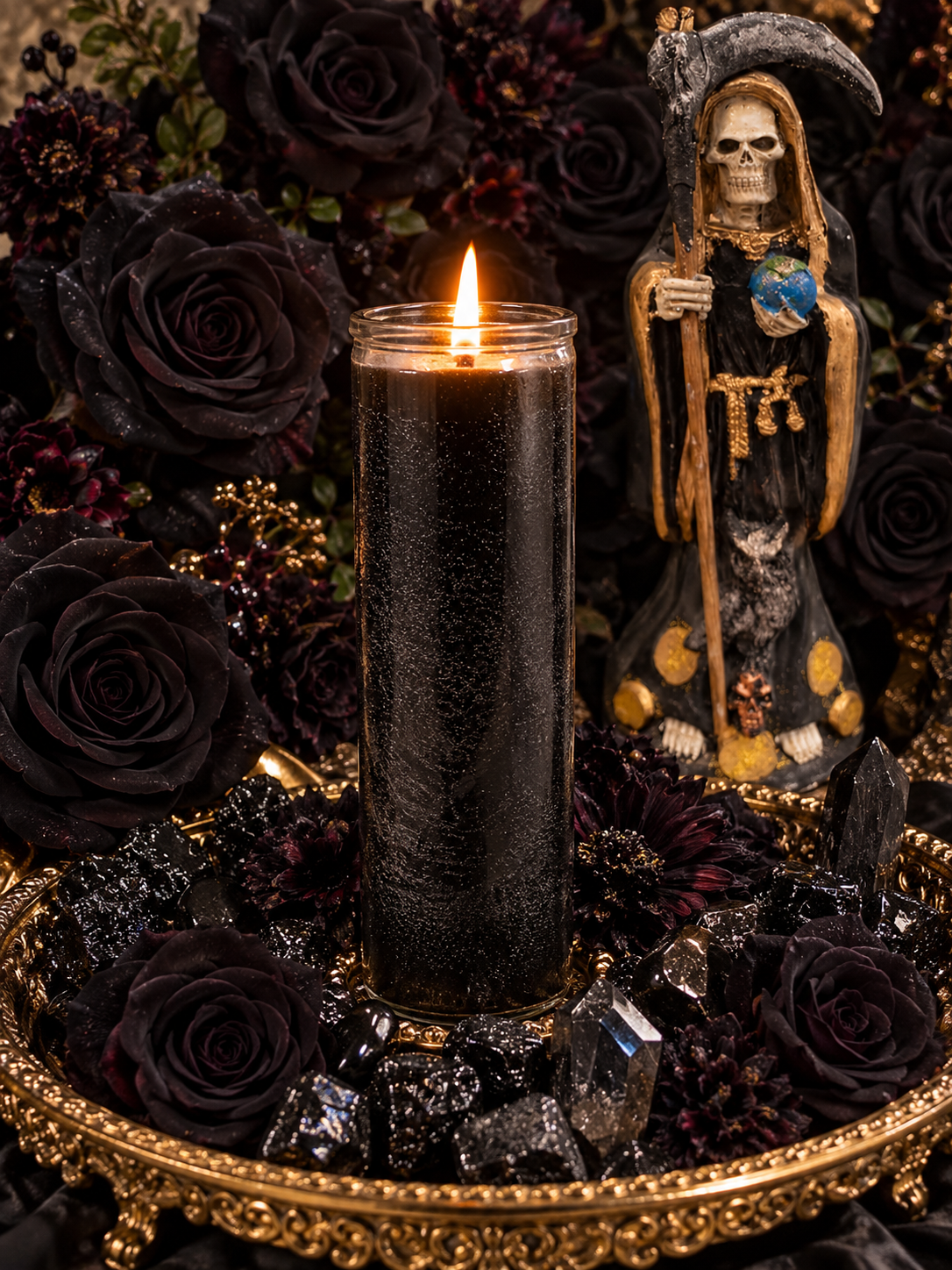 Trabalho com Vela de Novena Negra de Santa Muerte + Proteção Extrema + Reversão + Vitória sobre os Inimigos + Remoção de Obstáculos + Justiça + Necromancia + Mantenha a Lei Afastada