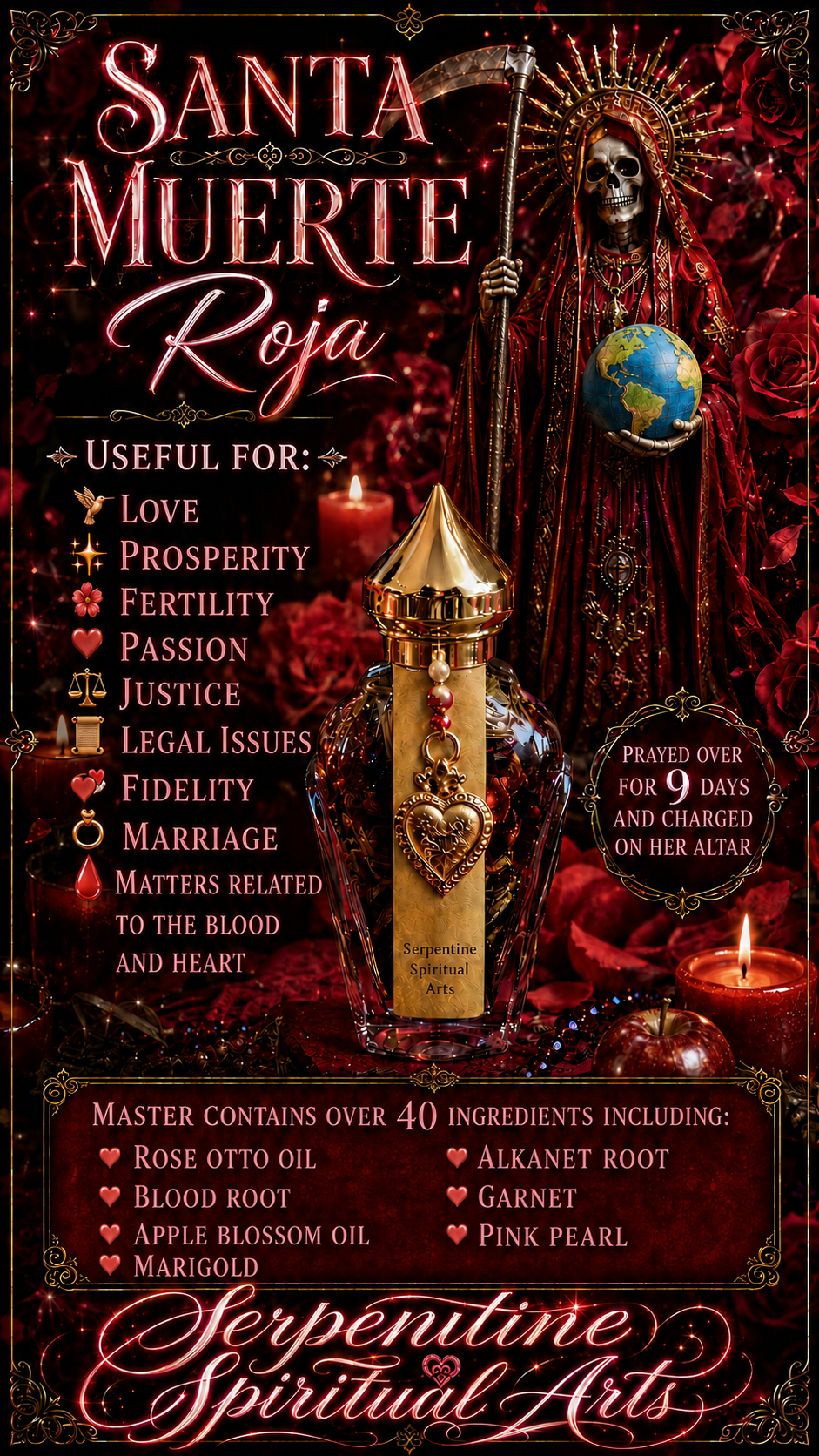 Aceite de Santa Muerte Roja + Amor + Dinero + Justicia + Dominación