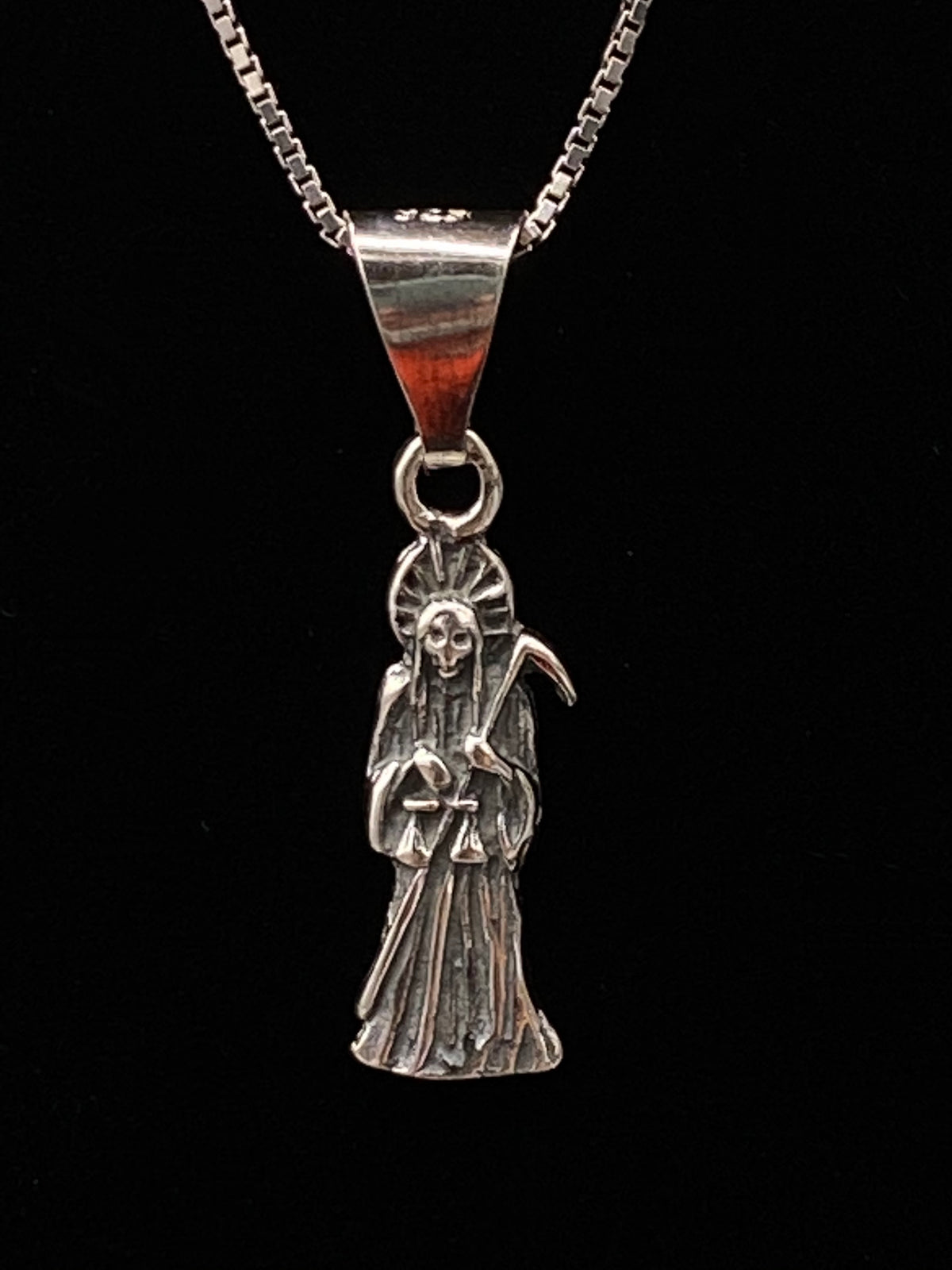 Santa Muerte Silver Necklace + Sterling Silver .925 + Protection + Money + Blessed + Love + Made in Mexico + Stainless Steel Chain