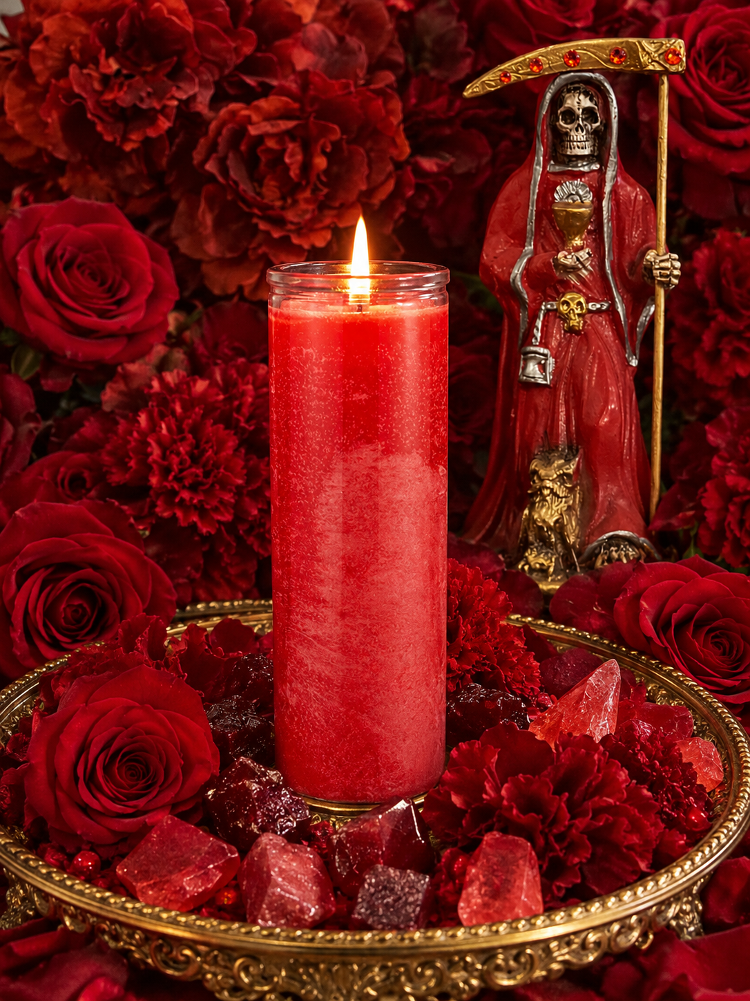 Trabalho com Vela de Novena Roja de Santa Muerte + Feitiço de Amor + Dominação + Dinheiro + Paixão + Casamento + Questões Legais + Família + Fertilidade