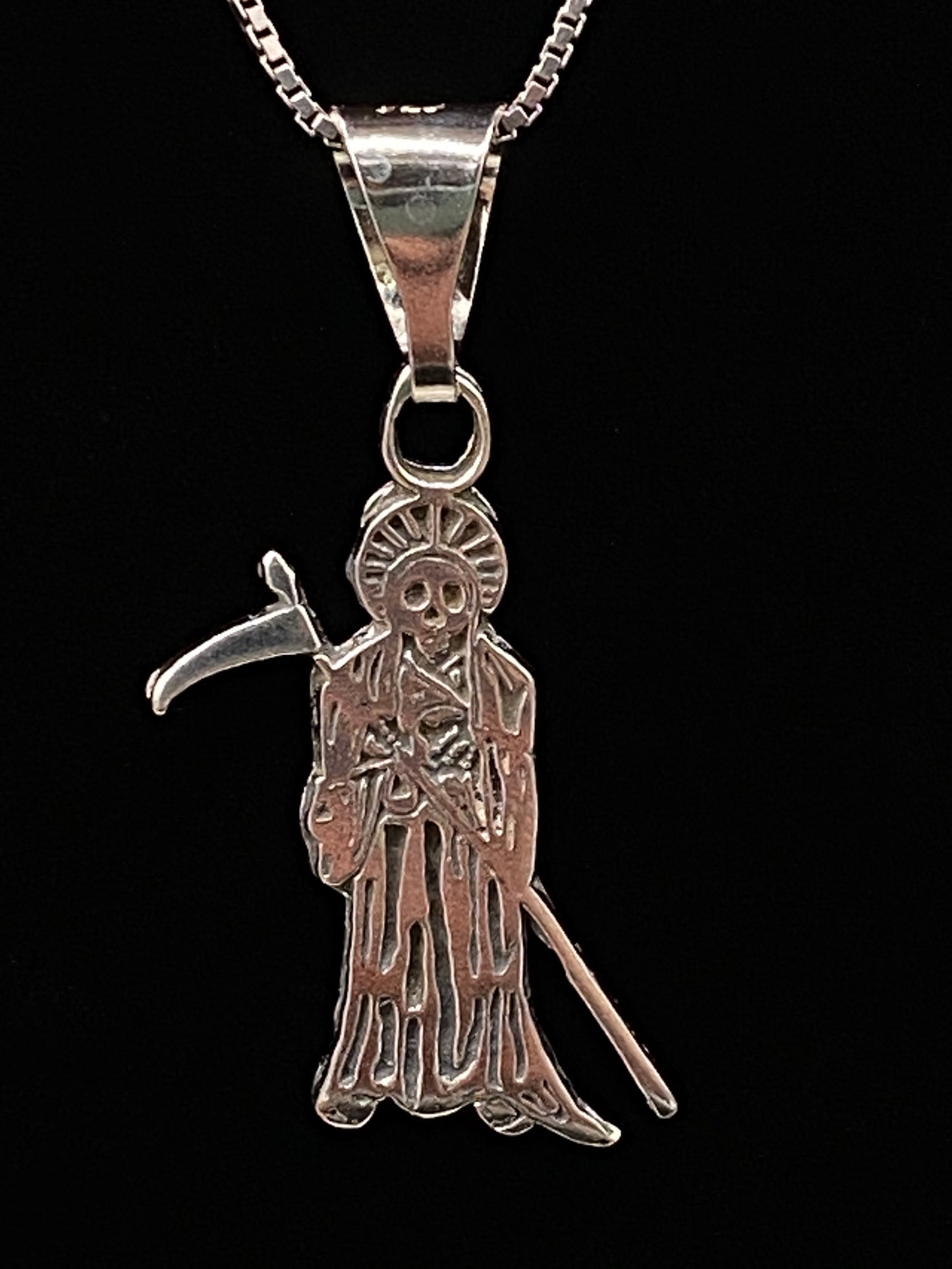 Santa Muerte Silver Necklace + Sterling Silver .925 + Protection + Money + Blessed + Love + Made in Mexico + Stainless Steel Chain