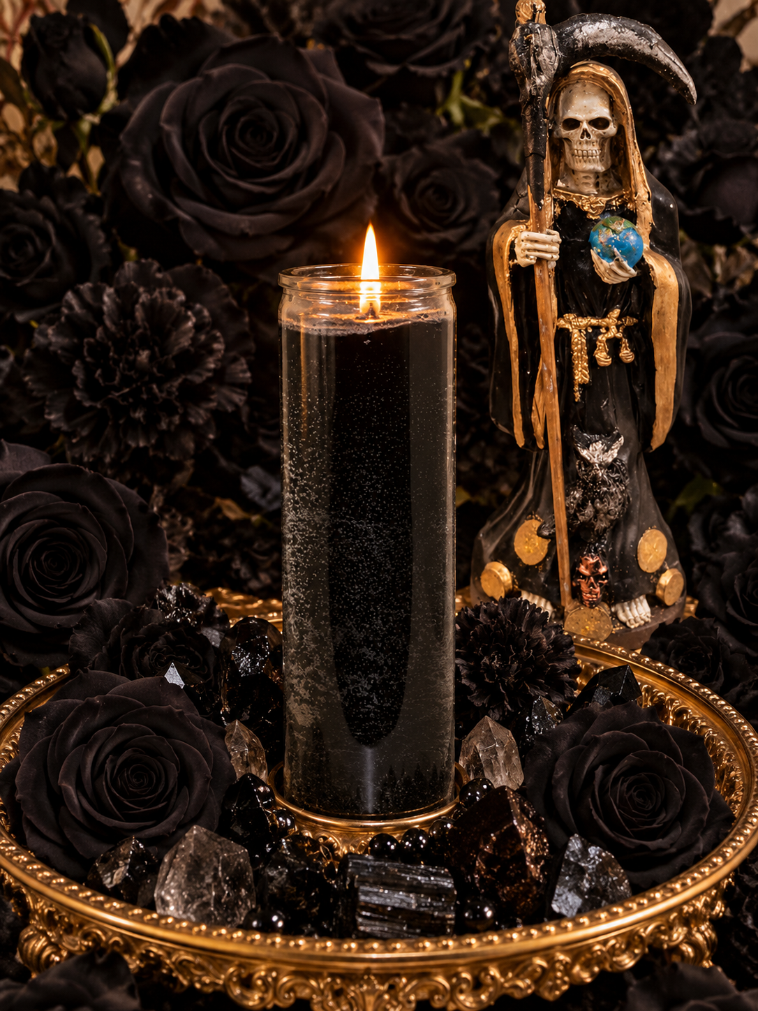 Trabalho com Vela de Novena Negra de Santa Muerte + Proteção Extrema + Reversão + Vitória sobre os Inimigos + Remoção de Obstáculos + Justiça + Necromancia + Mantenha a Lei Afastada