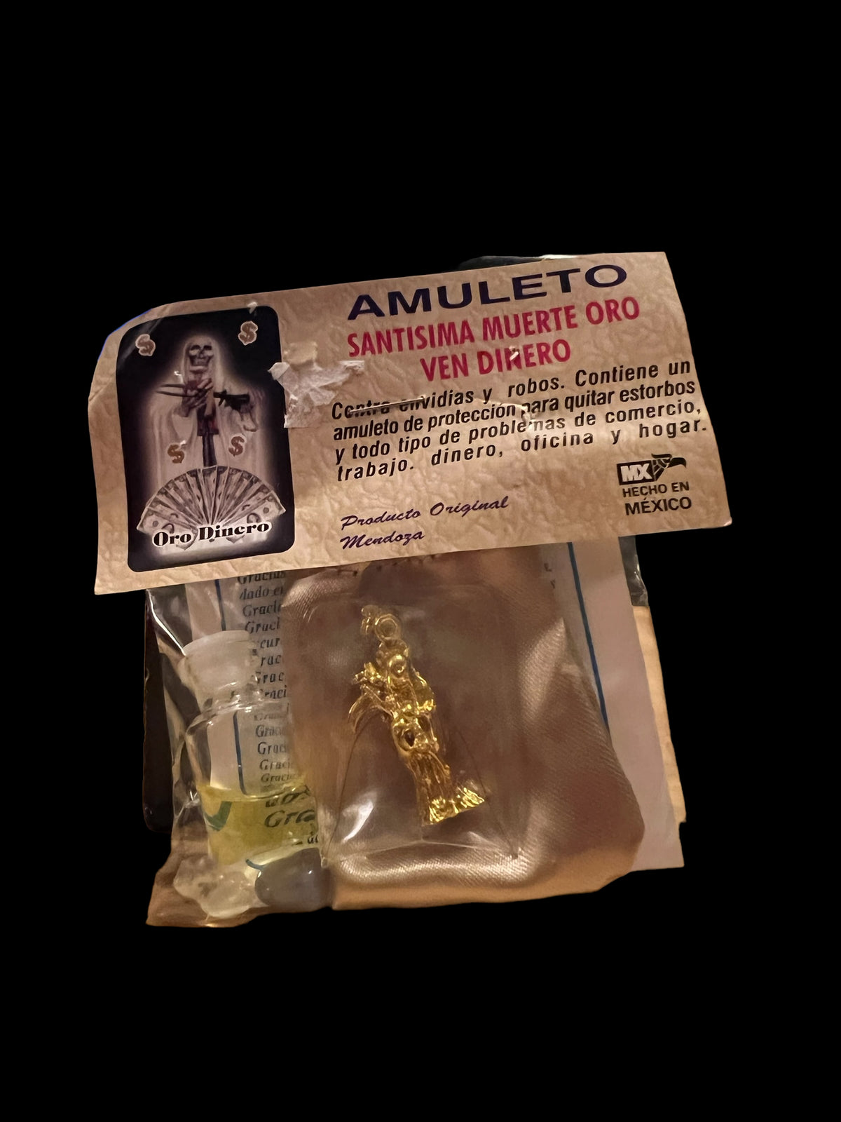 Santa Muerte Oro Amulet + Ven Dinero + Dorada + Made in Mexico + Amuleto + Morralito