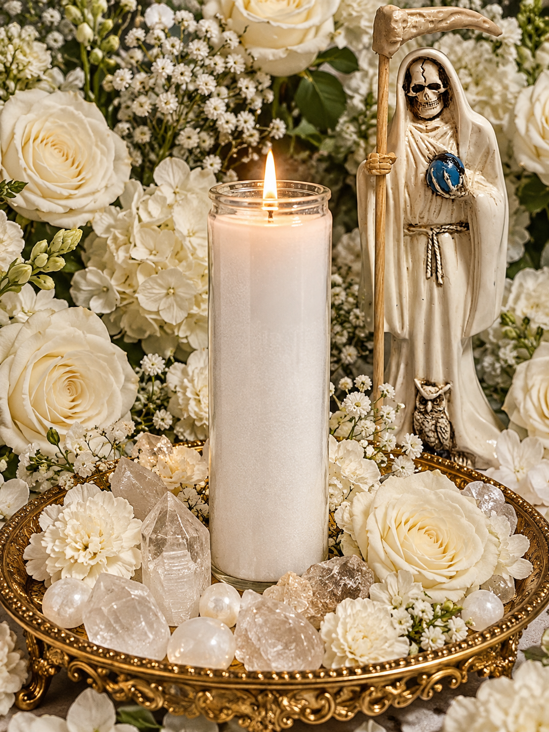 Trabalho com Vela de Novena Blanca de Santa Muerte + Visão Psíquica + Limpeza + Proteção + Cura + Bênção + Equilíbrio + Abre Caminho