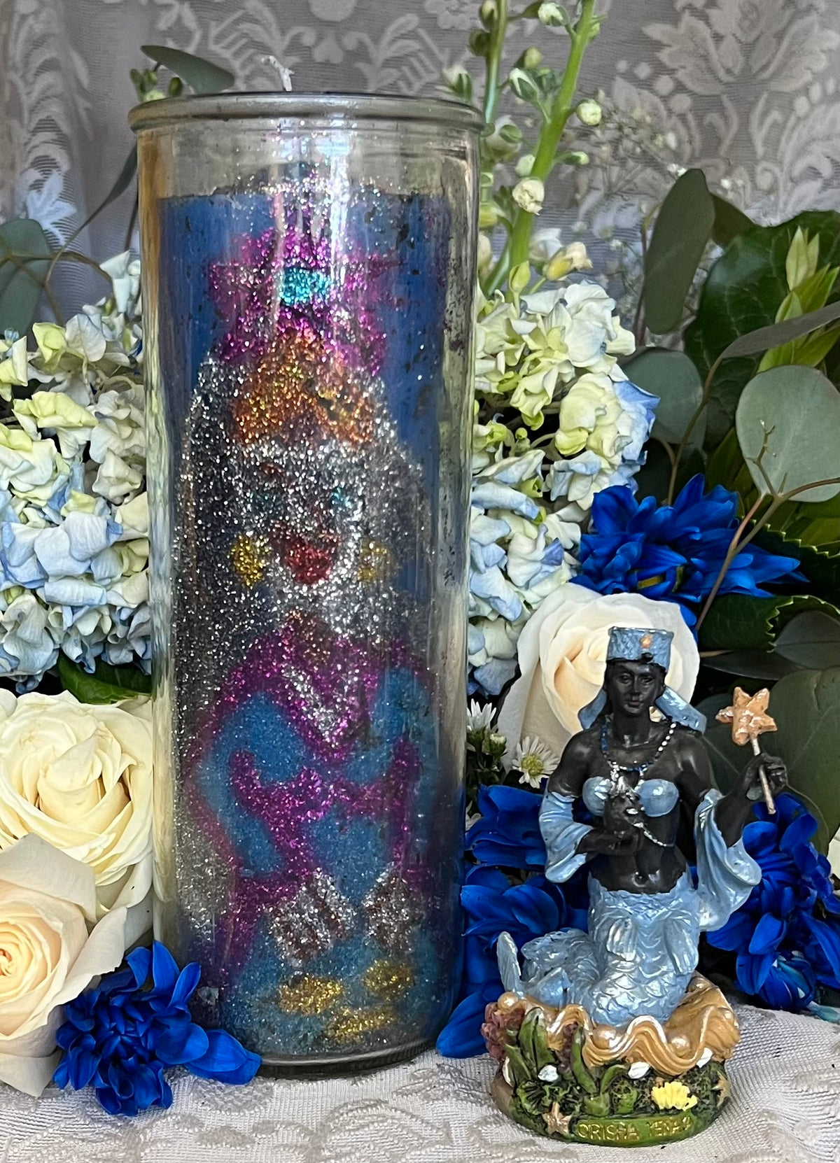 Yemaya Hand-Carved Candle + Family Protection + Orisha + Santeria + Ifa + Yoruba + Lukumi + Santerismo