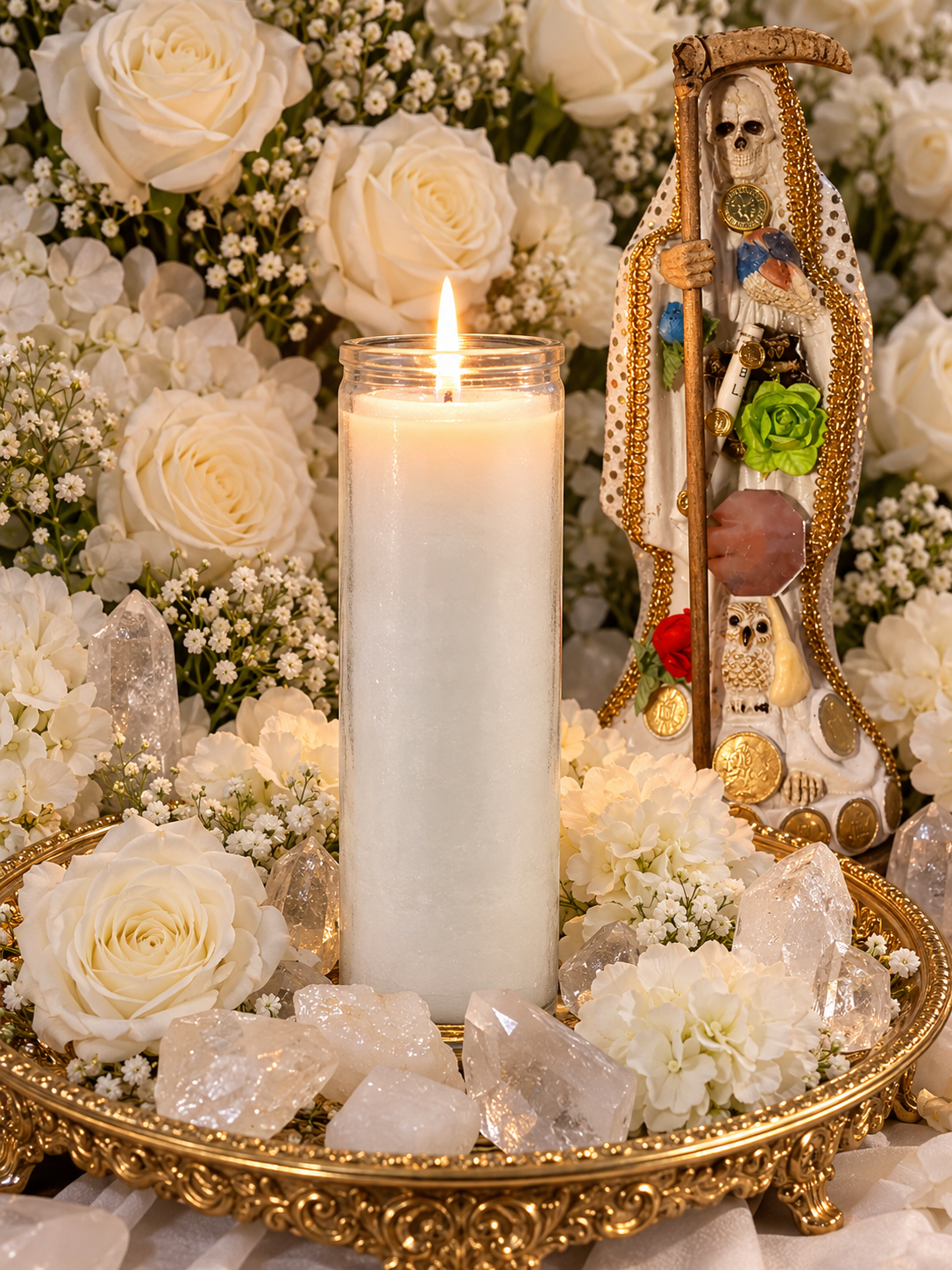 Trabalho com Vela de Novena Blanca de Santa Muerte + Visão Psíquica + Limpeza + Proteção + Cura + Bênção + Equilíbrio + Abre Caminho