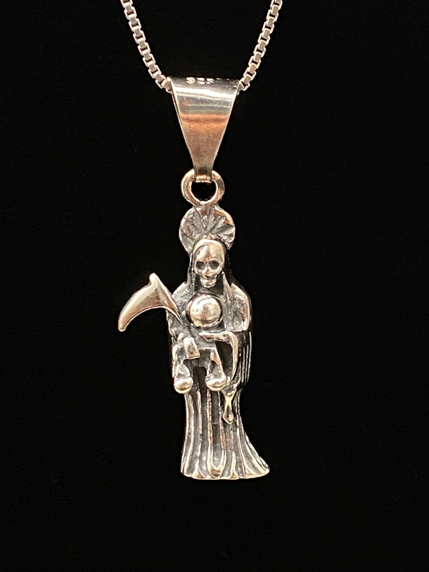 Santa Muerte Silver Necklace + Sterling Silver .925 + Protection + Money + Blessed + Love + Made in Mexico + Stainless Steel Chain