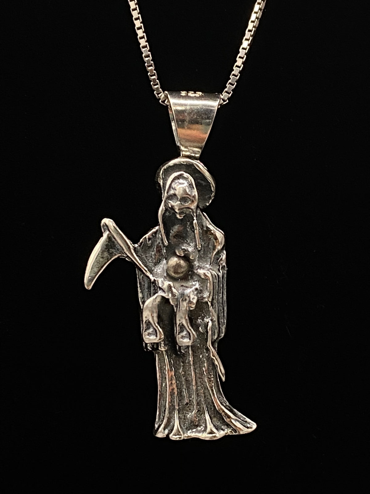 Santa Muerte Silver Necklace + Sterling Silver .925 + Protection + Money + Blessed + Love + Made in Mexico + Stainless Steel Chain (Copy)