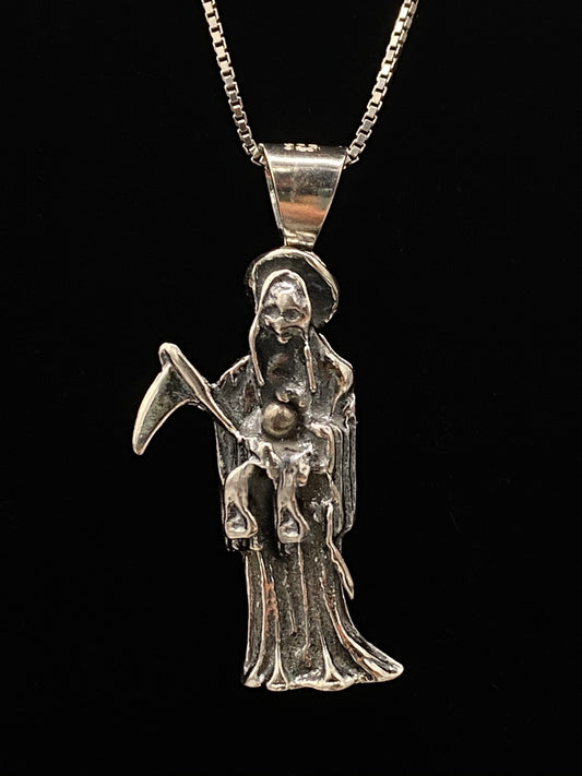 Santa Muerte Silver Necklace + Sterling Silver .925 + Protection + Money + Blessed + Love + Made in Mexico + Stainless Steel Chain (Copy)