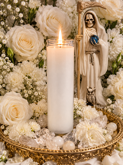 Trabalho com Vela de Novena Blanca de Santa Muerte + Visão Psíquica + Limpeza + Proteção + Cura + Bênção + Equilíbrio + Abre Caminho