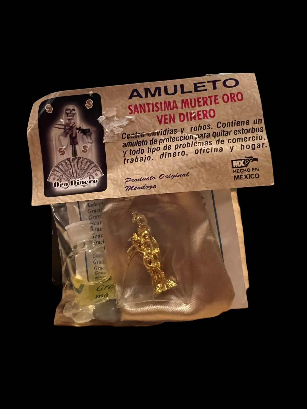 Santa Muerte Oro Amulet + Ven Dinero + Dorada + Made in Mexico + Amuleto + Morralito
