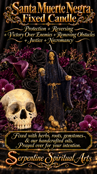 Vela em formato de figura da Santa Muerte Negra + Proteção + Reversão + Remover obstáculos + Vitória sobre os inimigos + Ouro 24K + Batizada + Abençoada + Firmada