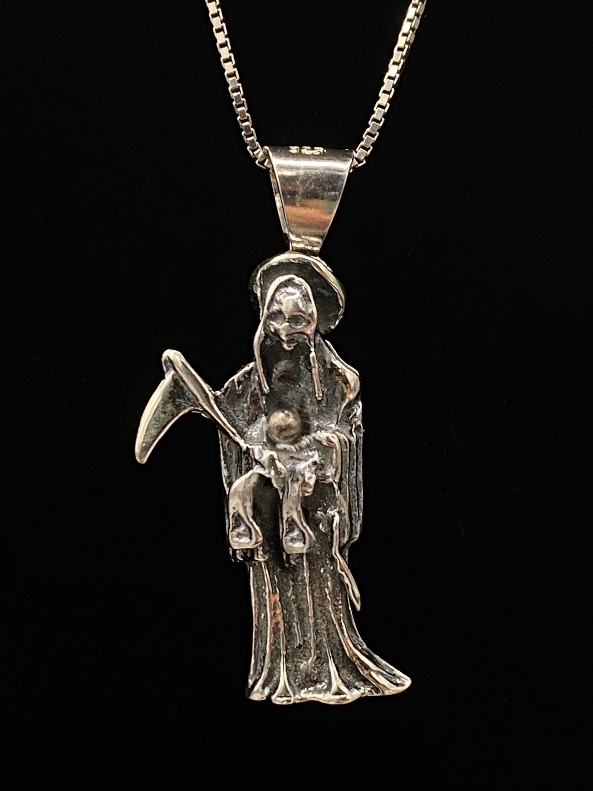 Santa Muerte Silver Necklace + Sterling Silver .925 + Protection + Money + Blessed + Love + Made in Mexico + Stainless Steel Chain