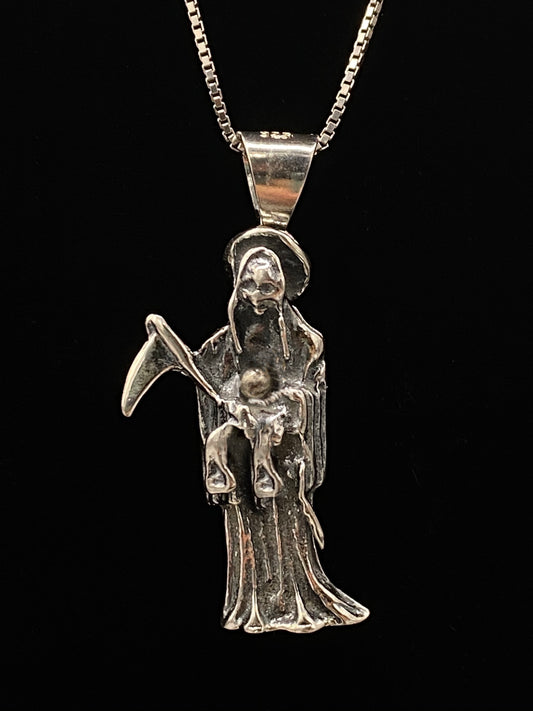 Santa Muerte Silver Necklace + Sterling Silver .925 + Protection + Money + Blessed + Love + Made in Mexico + Stainless Steel Chain (Copy)