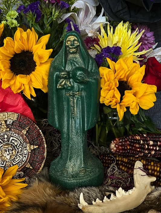 Santa Muerte Verde Candle Working + Court Case + Justice + Money + Lawsuit + Fair Trial + Litigious Issues + Prosperity + Fertility + Abundance + Legal Disputes + Favorable Judgement + Lawyer + Law Keep Away + Balance + Ethics