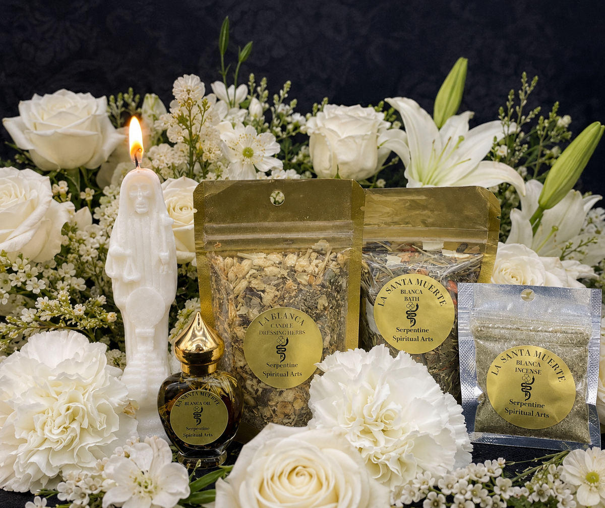 Conjunto Ritual da Santa Muerte Branca + Pureza + Limpeza + Habilidade Psíquica + Cura + Tranquilidade + Proteção + Ancestrais