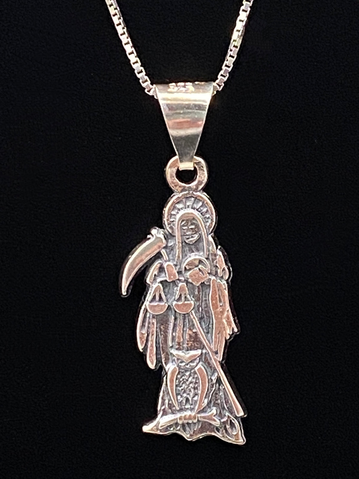 Santa Muerte Silver Necklace + Sterling Silver .925 + Protection + Money + Blessed + Love + Made in Mexico + Stainless Steel Chain