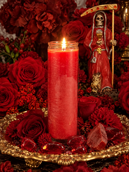 Trabalho com Vela de Novena Roja de Santa Muerte + Feitiço de Amor + Dominação + Dinheiro + Paixão + Casamento + Questões Legais + Família + Fertilidade