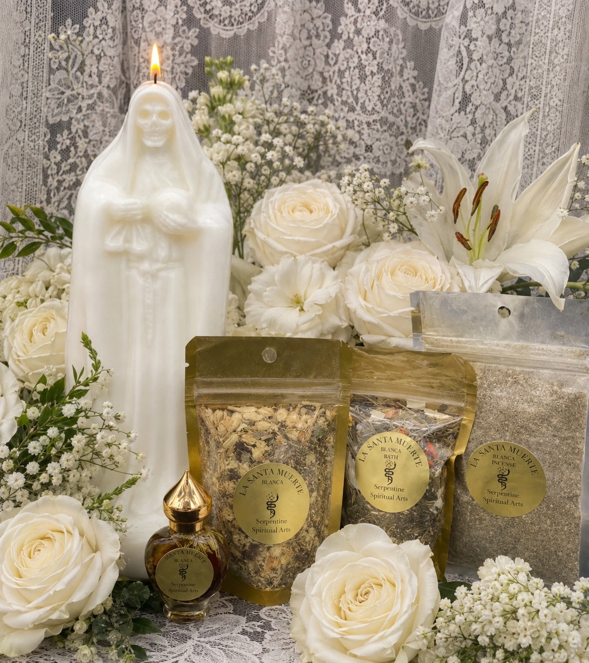 Conjunto Ritual da Santa Muerte Branca + Pureza + Limpeza + Habilidade Psíquica + Cura + Tranquilidade + Proteção + Ancestrais