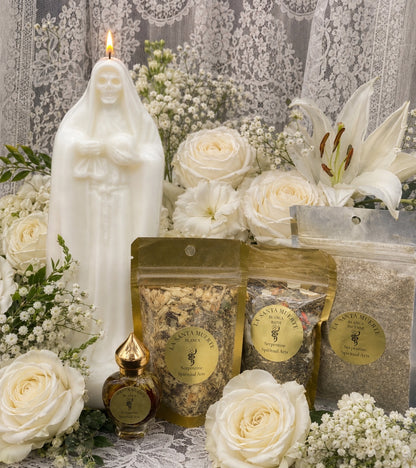 Conjunto Ritual da Santa Muerte Branca + Pureza + Limpeza + Habilidade Psíquica + Cura + Tranquilidade + Proteção + Ancestrais