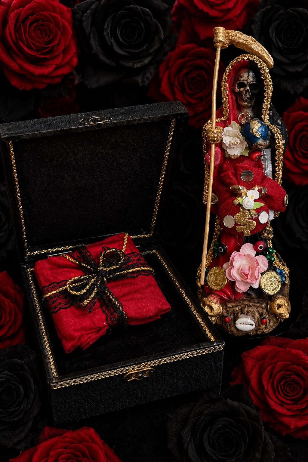 Carga da Santa Muerte Roja y Negra + Reversão + Dominação + Estátua consagrada + Santíssima Muerte