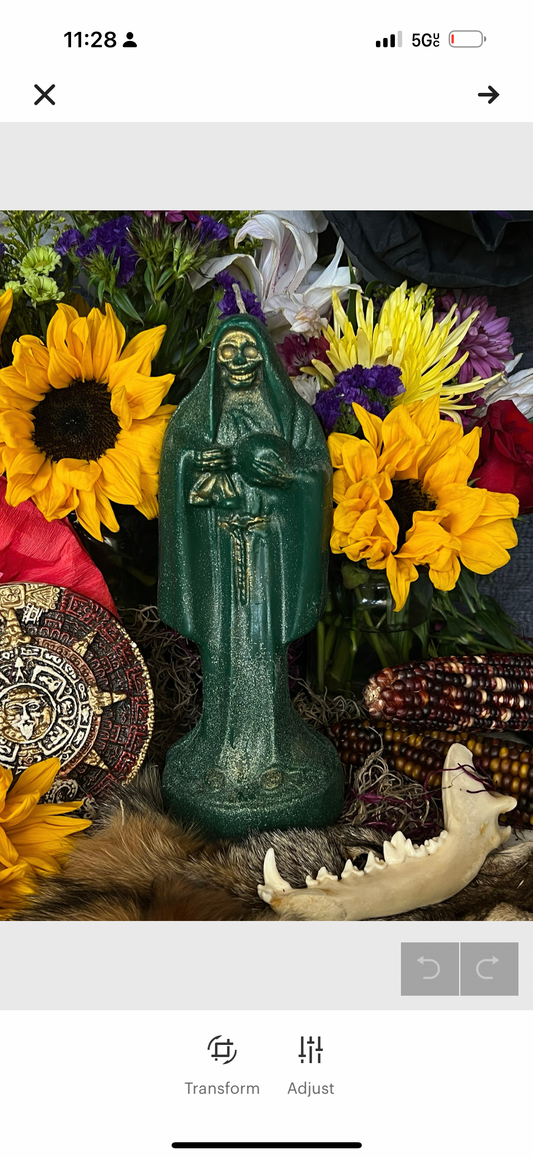 Santa Muerte Verde Candle Working + Court Case + Justice + Money + Lawsuit + Fair Trial + Litigious Issues + Prosperity + Fertility + Abundance + Legal Disputes + Favorable Judgement + Lawyer + Law Keep Away + Balance + Ethics