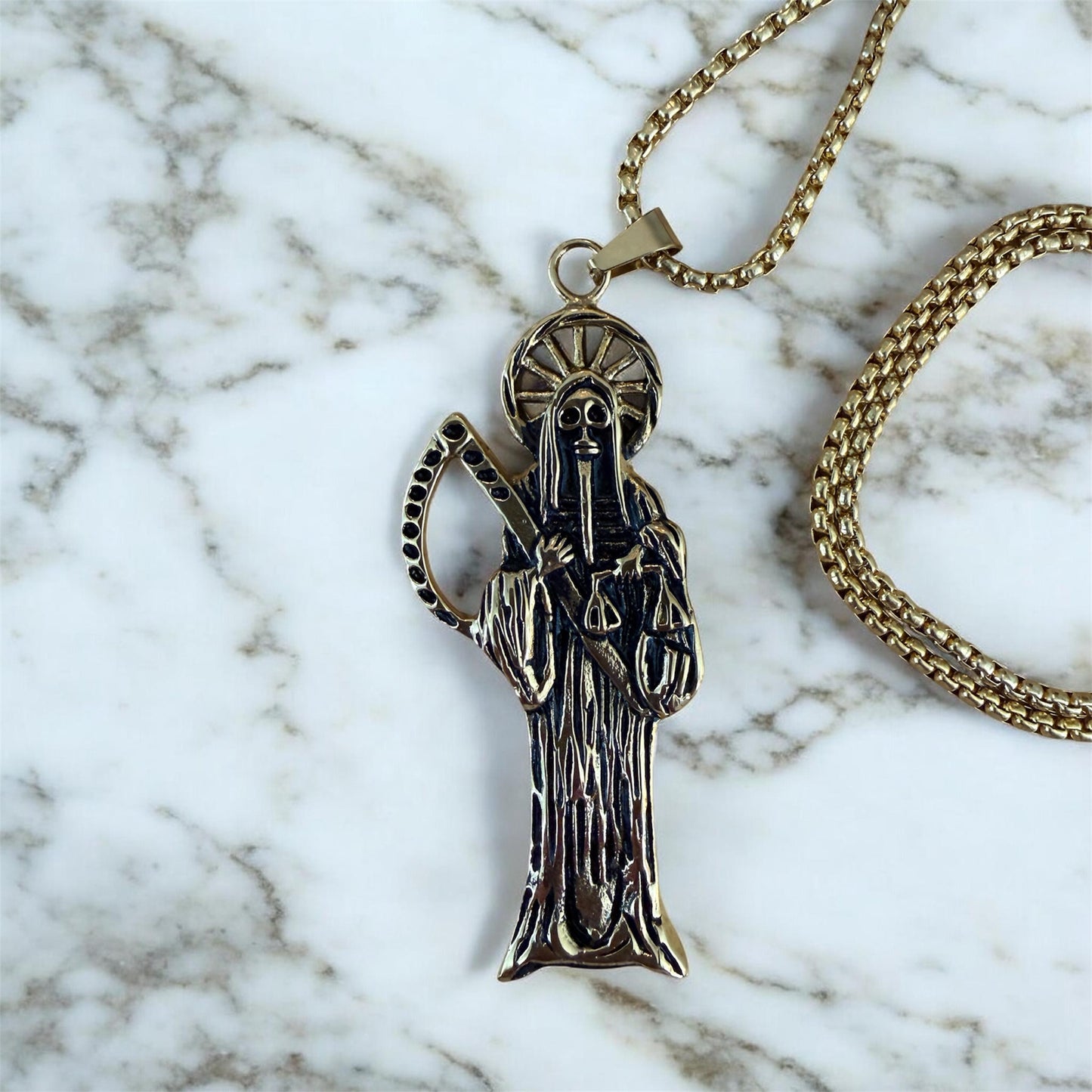 Santa Muerte Necklace + Protection + Money + Blessed + Love + Made in Mexico + Stainless Steel
