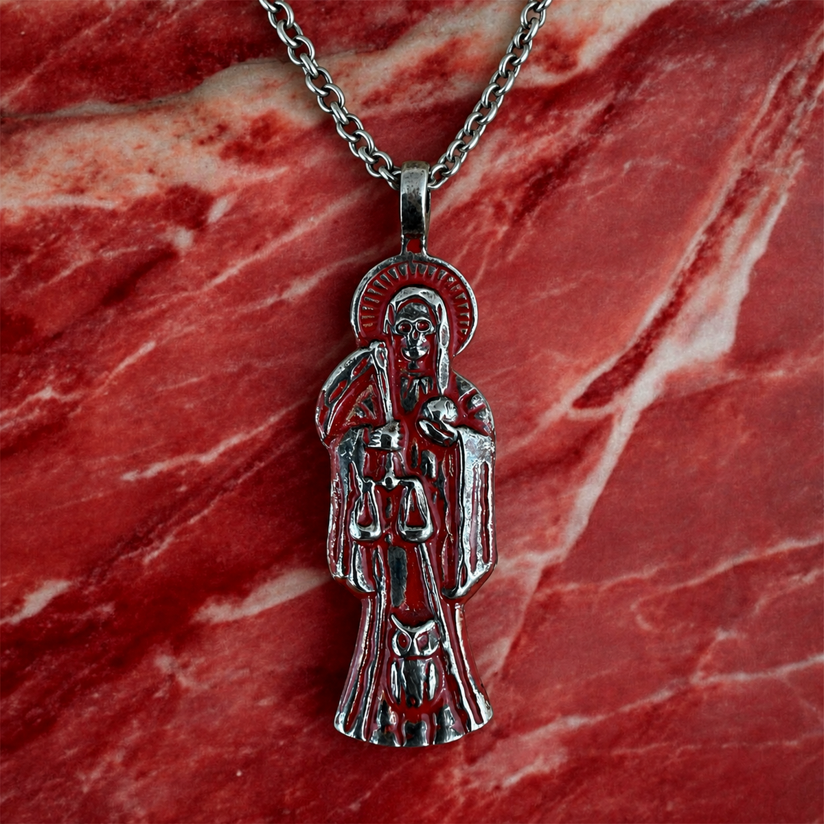 Vintage Santa Muerte Roja Necklace + Protection + Money + Blessed + Love + Made in Mexico + Stainless Steel